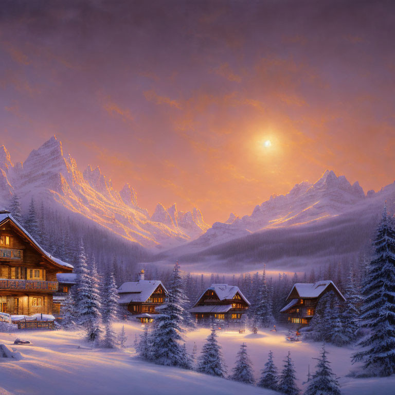 Snow-covered cabins, trees, and mountains in winter dusk scene