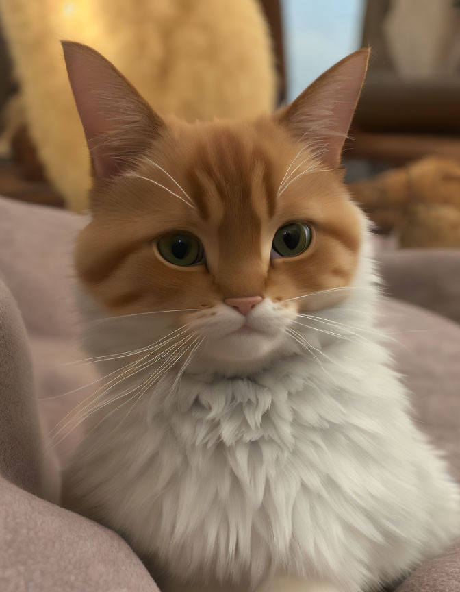 Fluffy white and orange cat with green eyes on soft surface