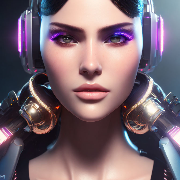 Futuristic female android with purple eye makeup and advanced headphones on dark background