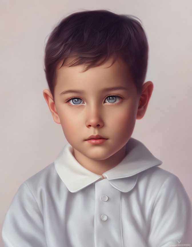 Young boy digital portrait with blue eyes, brown hair, and white shirt