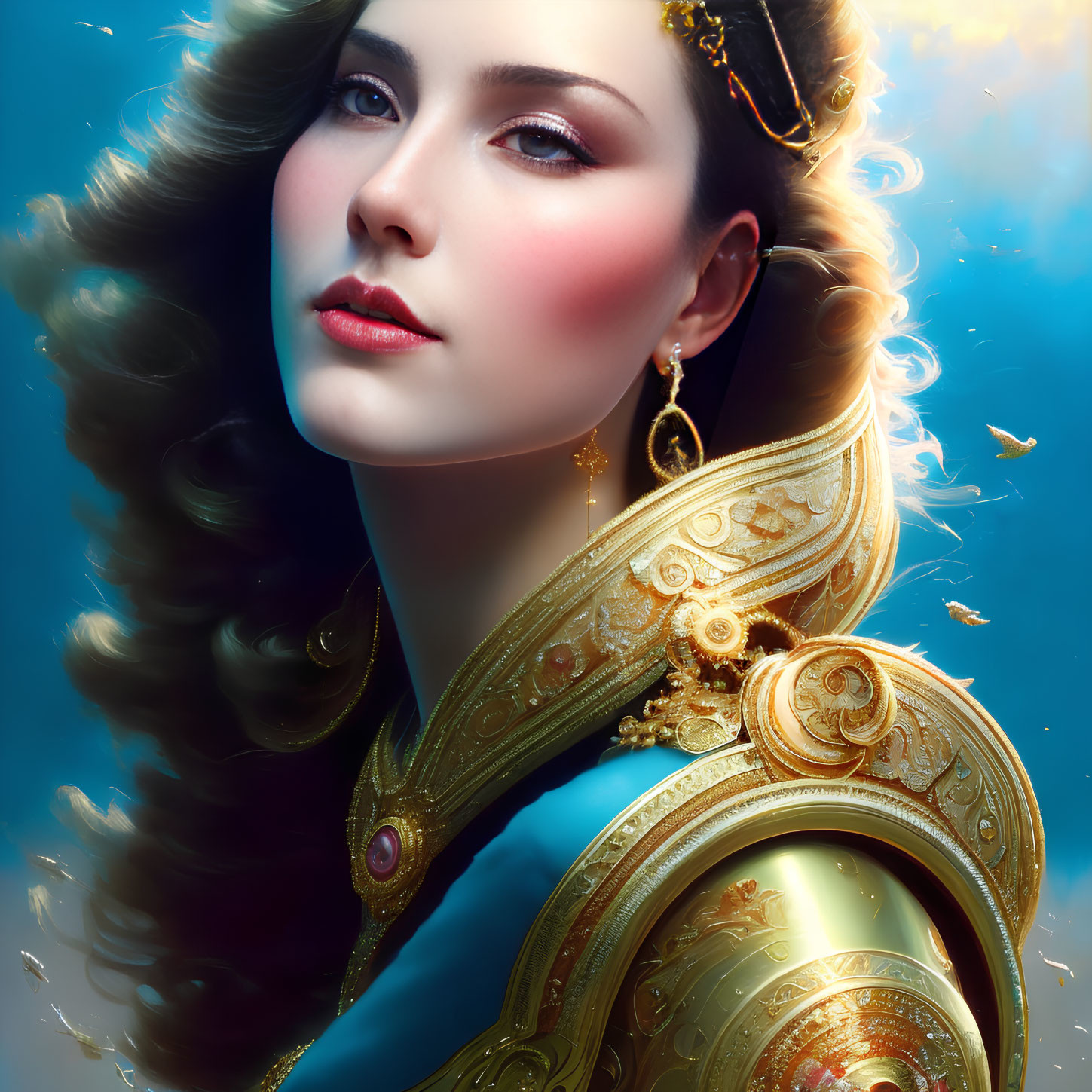 Digital Artwork: Woman in Golden Armor with Brunette Hair on Blue Background