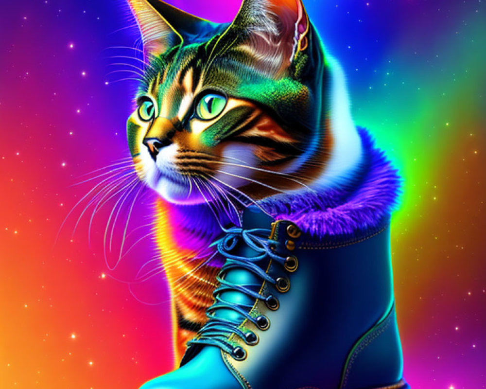 Colorful Cat Illustration Emerges from Boot on Cosmic Background