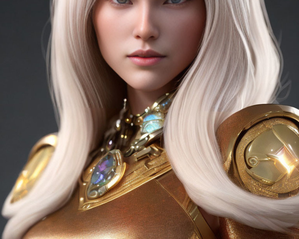 3D-rendered female character with platinum blonde hair and golden armor