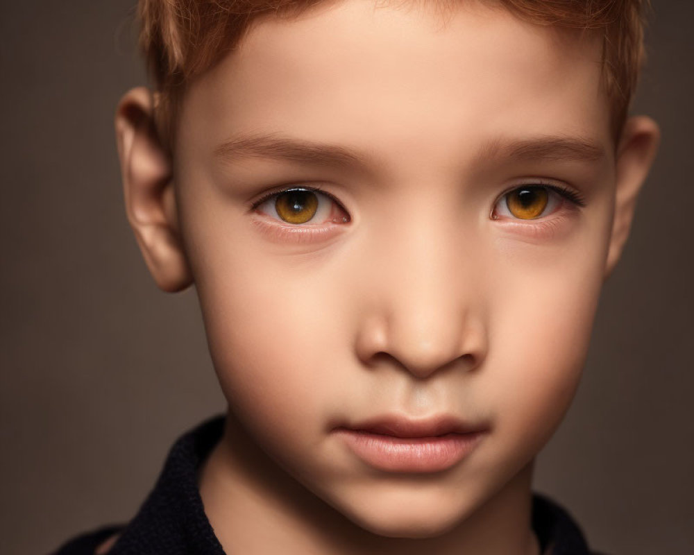 Portrait of young child with amber eyes and light brown hair against neutral background