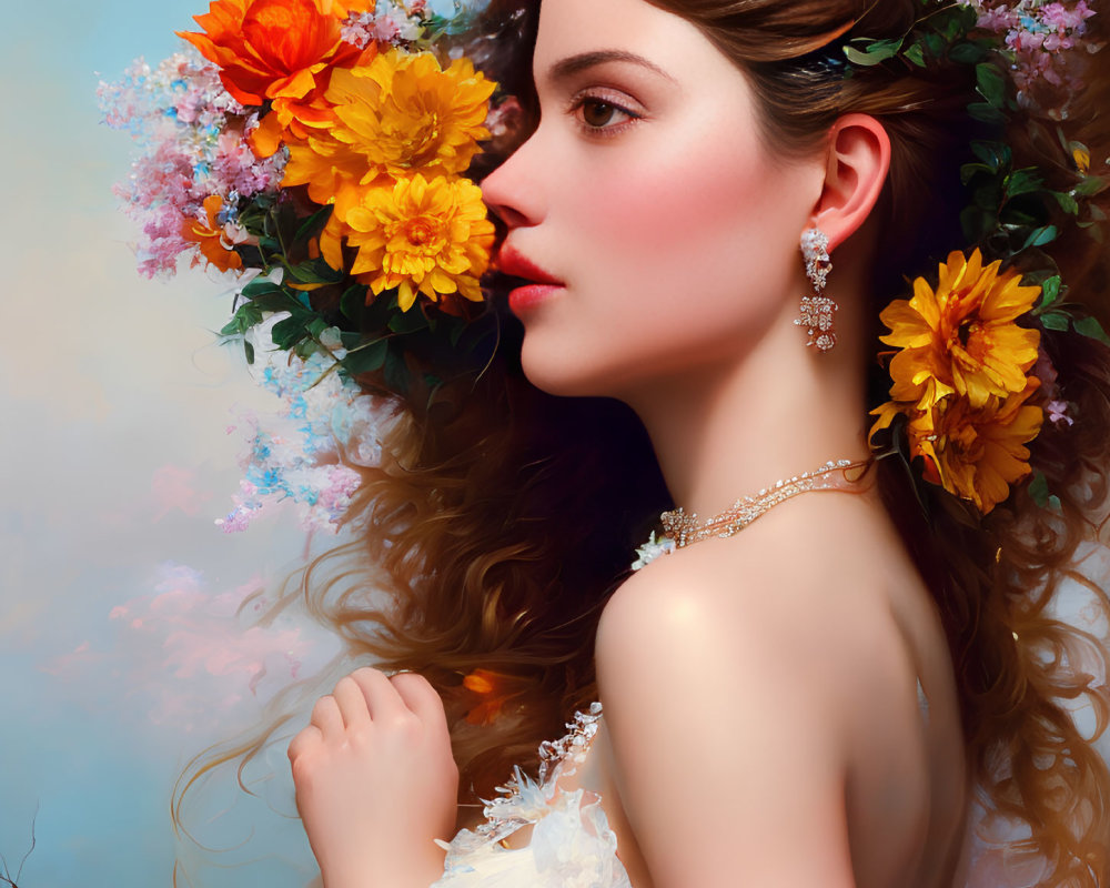 Woman with flowers in hair and elegant jewelry in soft-focus floral background