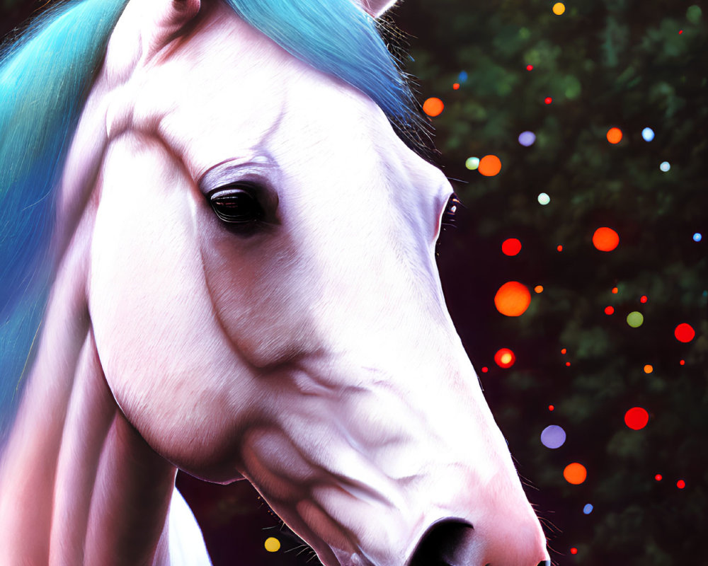 White Horse with Blue Mane in Dark Background with Colorful Bokeh Lights