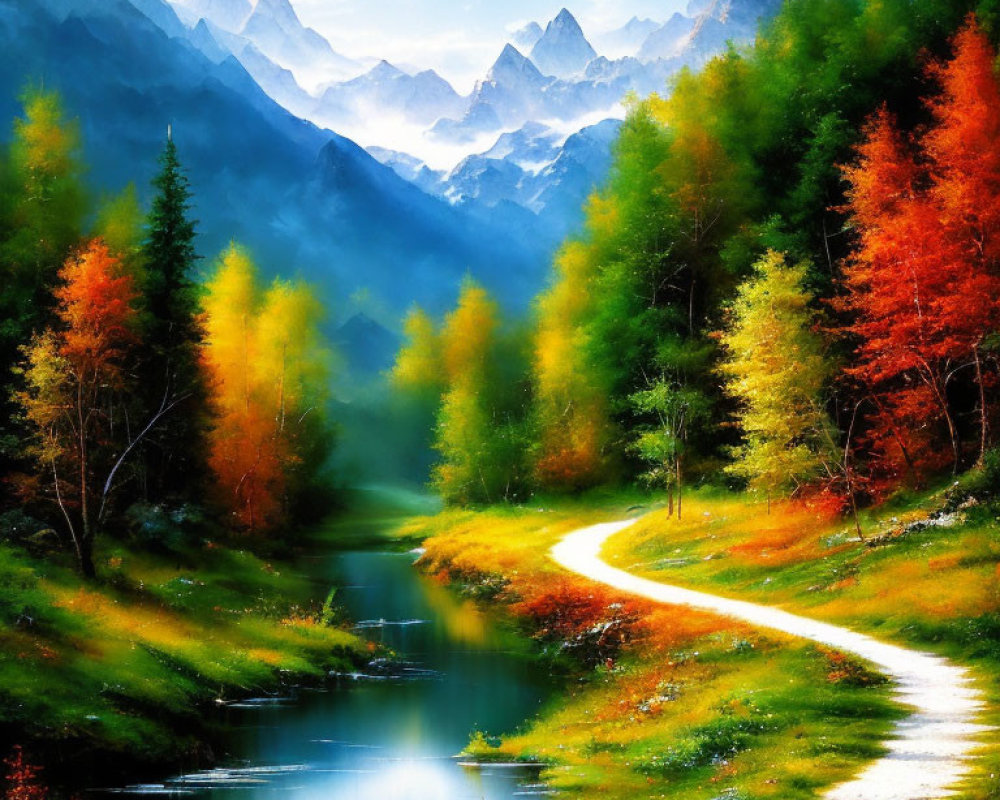 Scenic landscape painting with winding river path, autumn trees, mountains