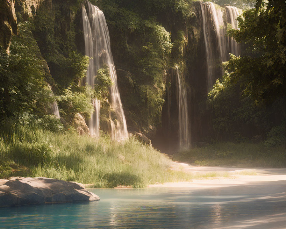 Tranquil waterfall scene with lush greenery and sunbeams