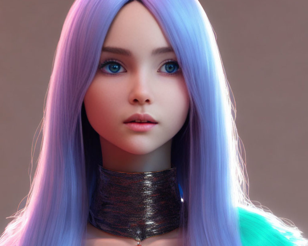 3D-rendered female character with blue eyes, gradient hair, and choker