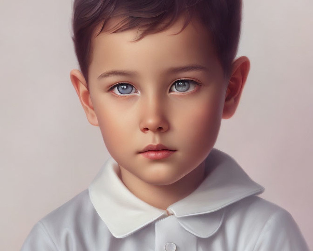 Young boy digital portrait with blue eyes, brown hair, and white shirt