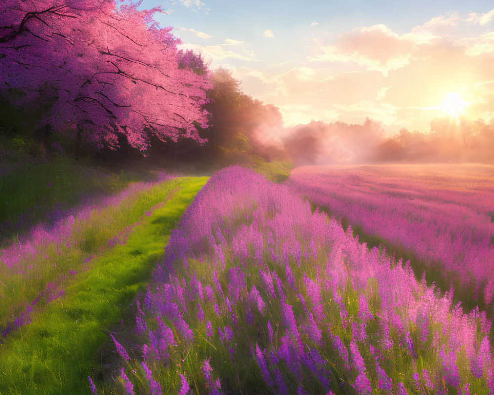 Serene landscape with pink cherry blossom tree and purple flowers