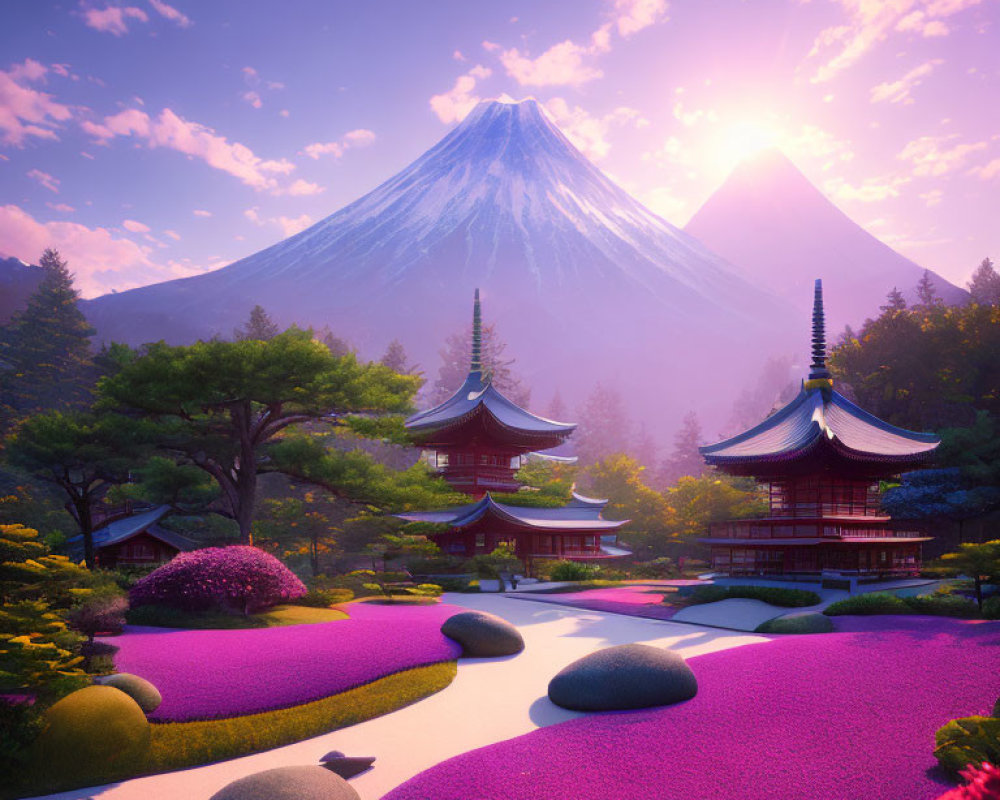 Traditional Pagodas, Purple Flower Field, Stone Path, Mount Fuji at Sunrise