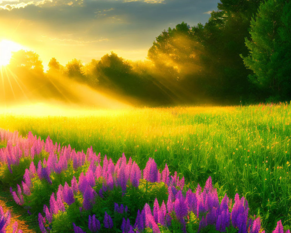 Beautiful sunrise over purple flower field and trees with mist