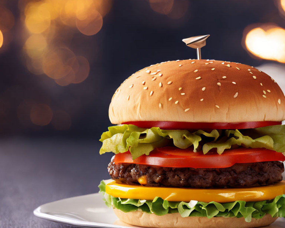 Classic Cheeseburger with Lettuce, Tomato, Cheese, and Beef Patty on Sesame Seed Bun