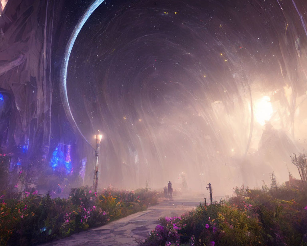 Fantastical landscape with flower-lined pathway and bright light under starry sky