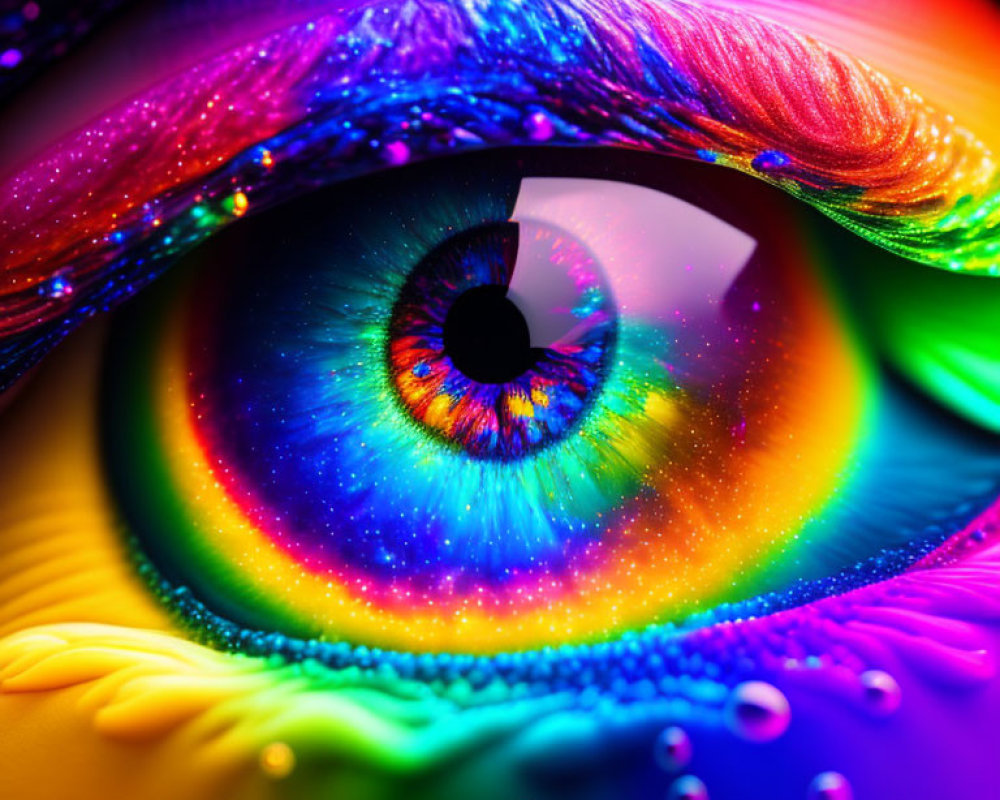 Close-up of highly saturated eye with rainbow iris, colorful feathers, and water droplets.