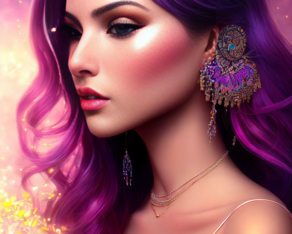 Vibrant purple-haired woman with elaborate jewelry on glowing yellow floral backdrop