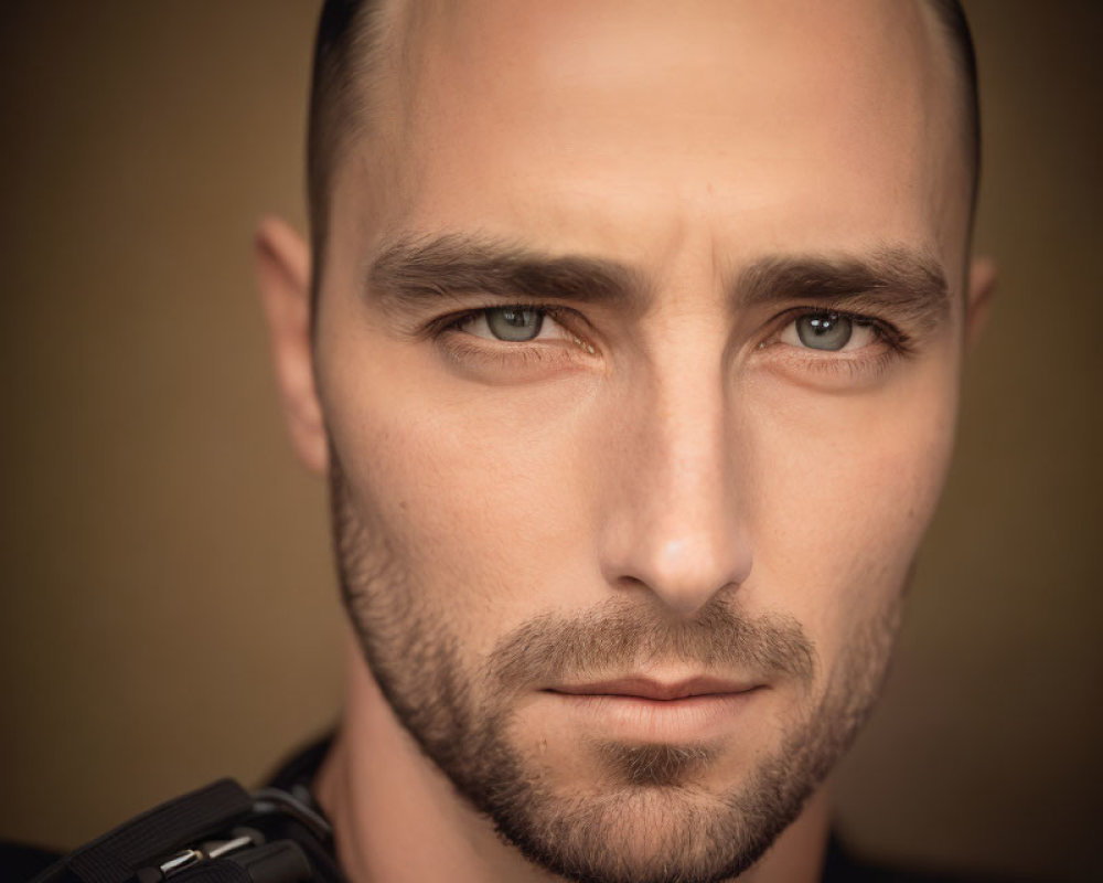 Intense-eyed man with short hair and stubble on brown background