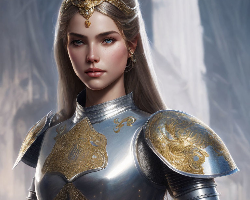 Female warrior in silver armor with gold accents and crown, set in forest.