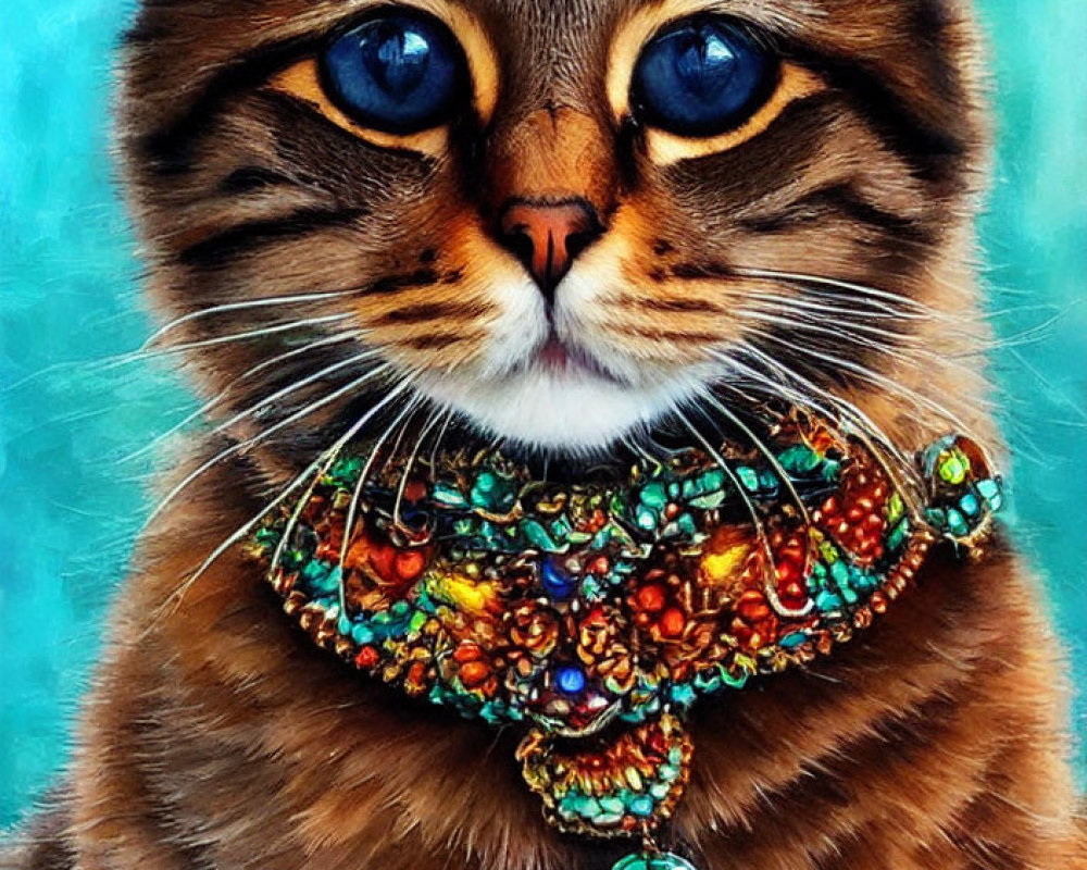 Colorful Close-Up of Cat with Striking Blue Eyes and Jeweled Collar on Teal Background