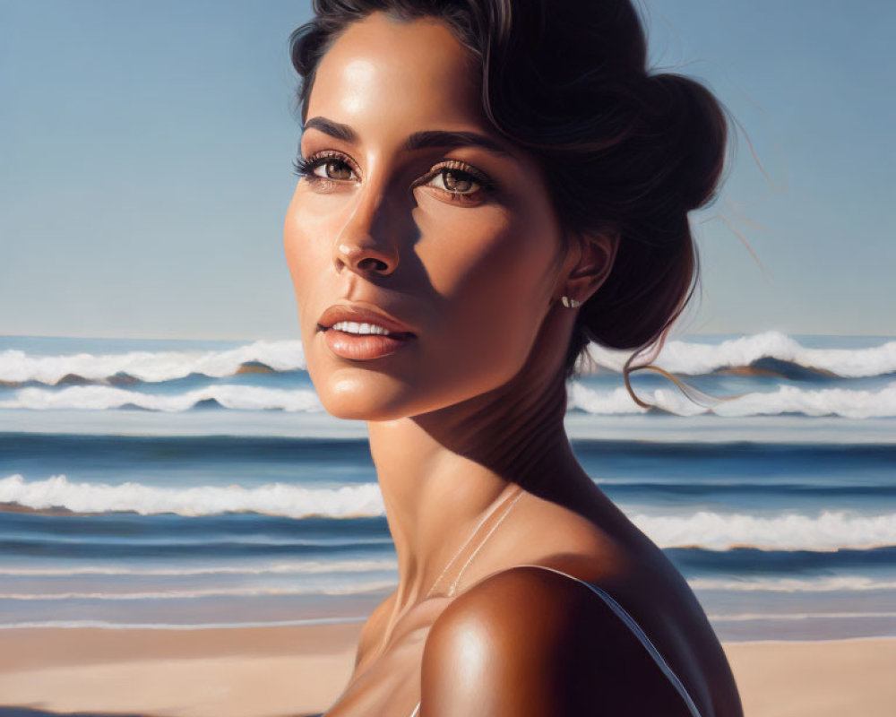 Woman with bun hairstyle gazing at beach waves