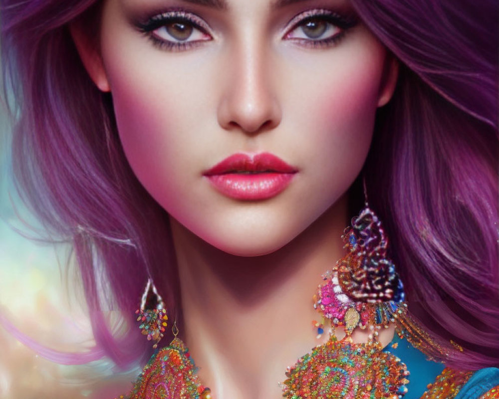 Vibrant digital portrait of a woman with violet hair and intricate gold embellishments