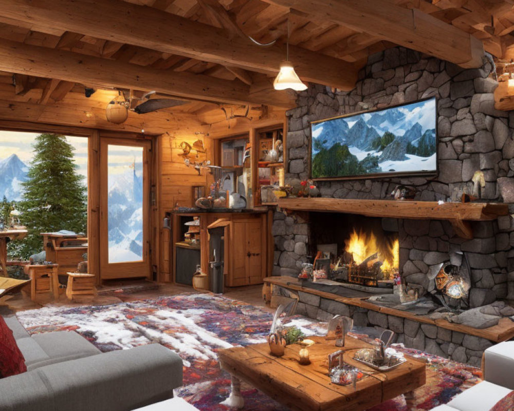 Rustic mountain cabin interior with fireplace and snowy mountain view