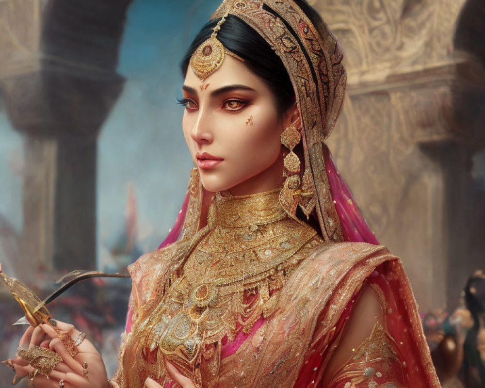 Regal woman in traditional attire with gold jewelry against architectural backdrop