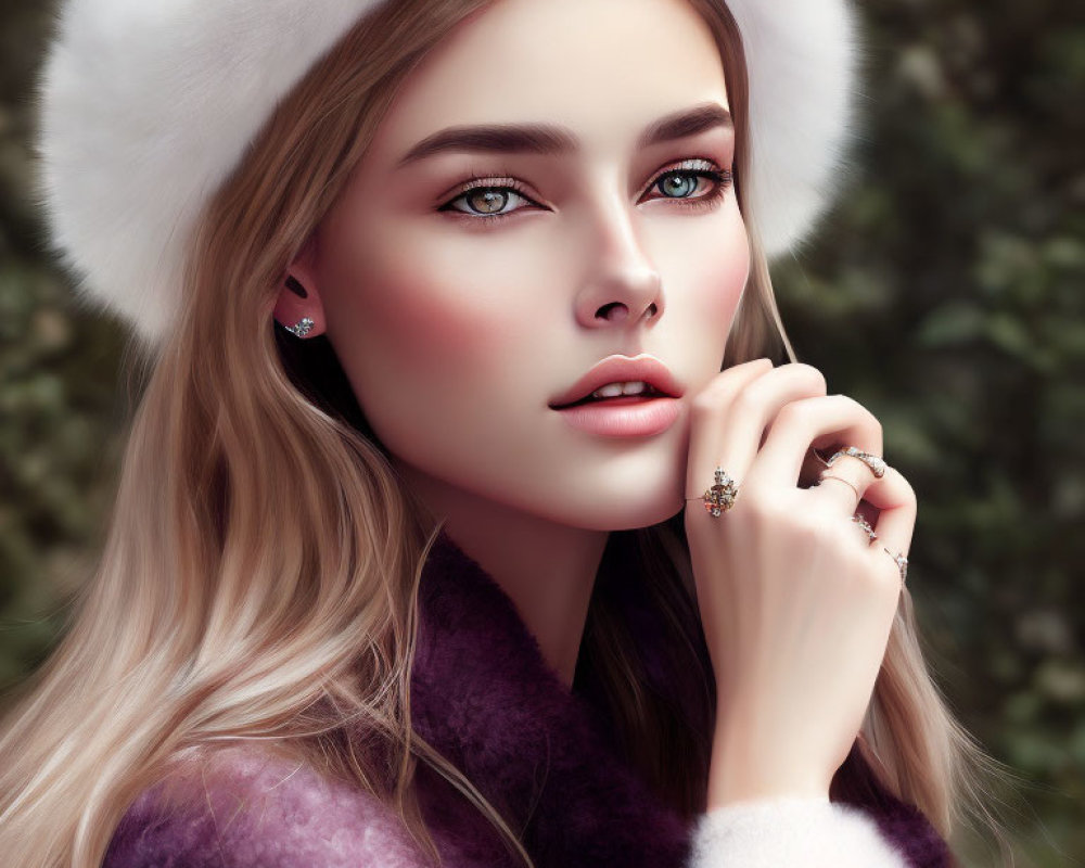 Portrait of Woman with Blue Eyes in White Hat and Purple Coat