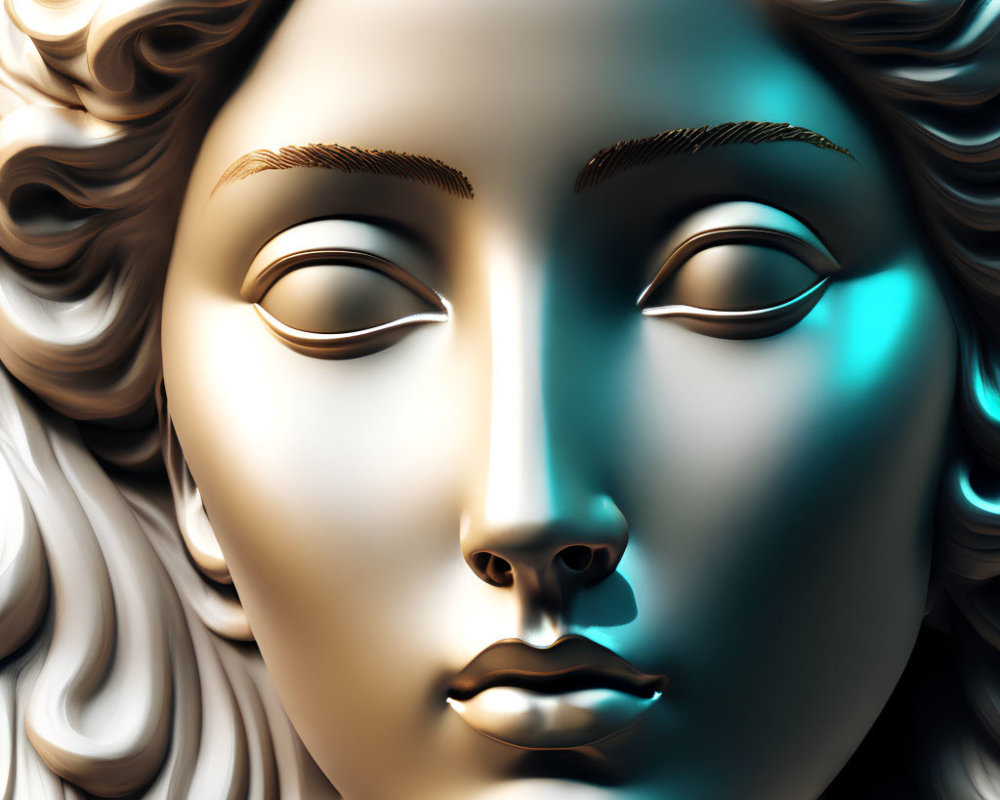 Detailed Golden Statue Face with Dramatic Blue Lighting