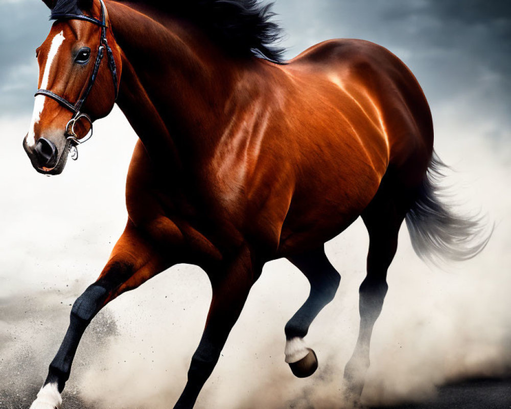 Majestic brown horse galloping under dramatic cloudy sky