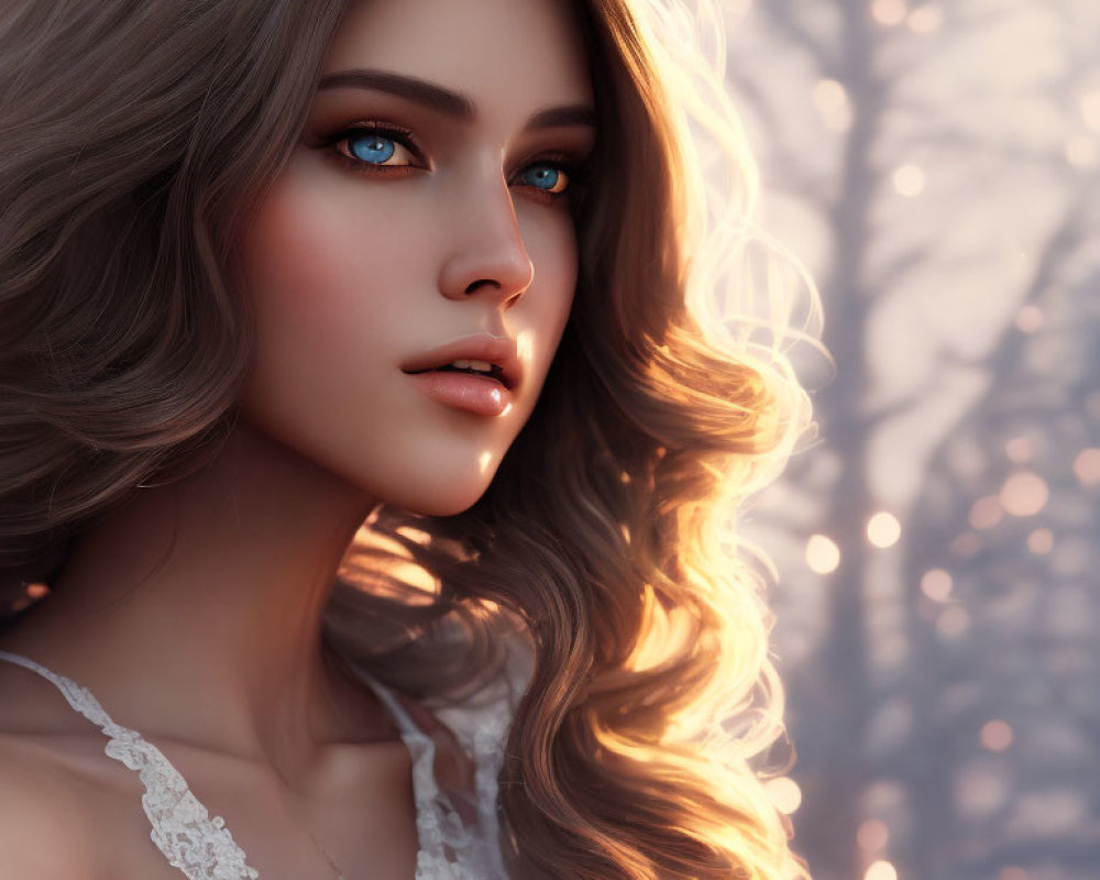 Digital portrait of woman with blue eyes and wavy hair in forest setting