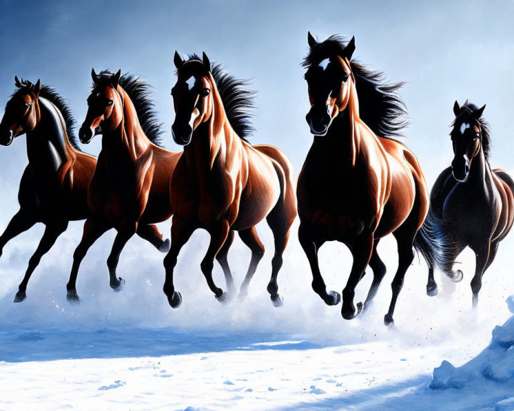 Group of Horses Galloping in Snowy Landscape