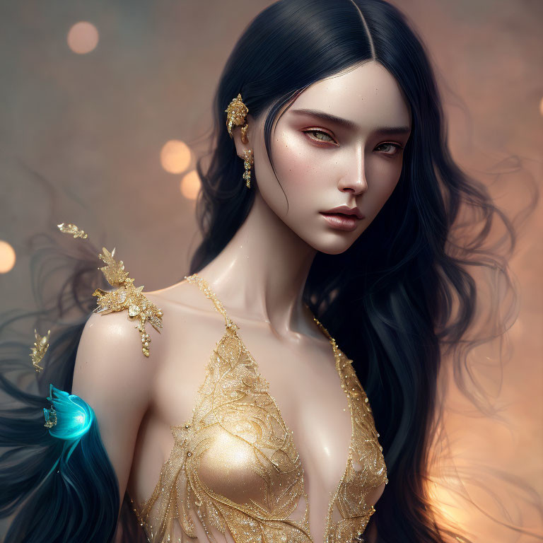 Fantasy portrait: Woman with dark hair, ethereal complexion, golden jewelry, and blue glowing creature