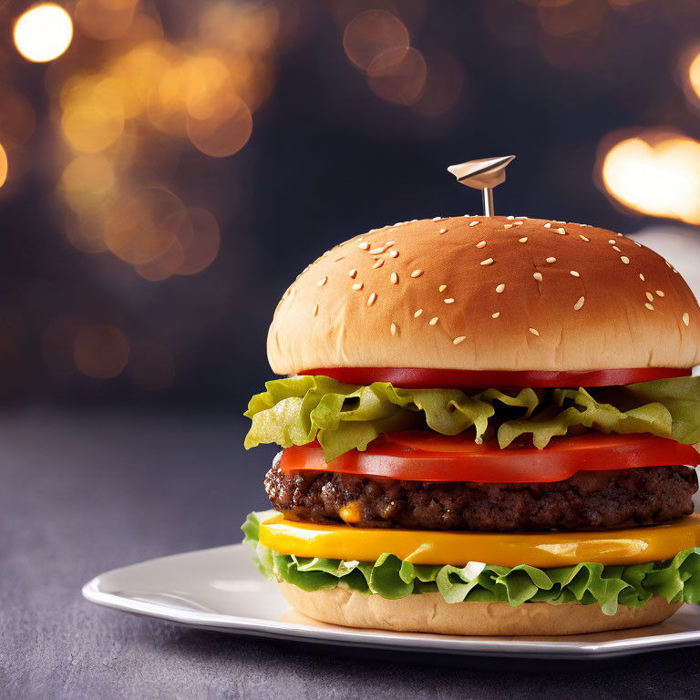 Classic Cheeseburger with Lettuce, Tomato, Cheese, and Beef Patty on Sesame Seed Bun