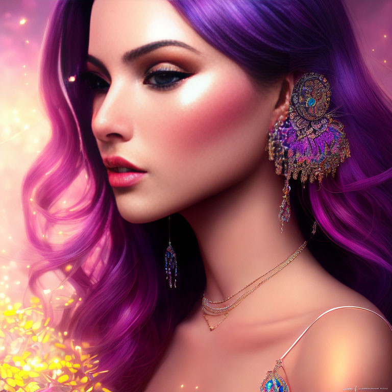 Vibrant purple-haired woman with elaborate jewelry on glowing yellow floral backdrop