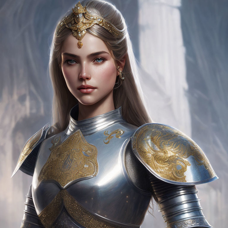 Female warrior in silver armor with gold accents and crown, set in forest.