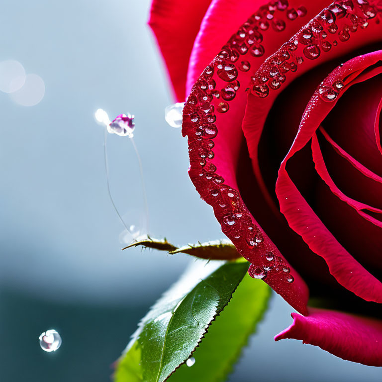 Close-up of red rose with dewdrops and water droplet on spider's web