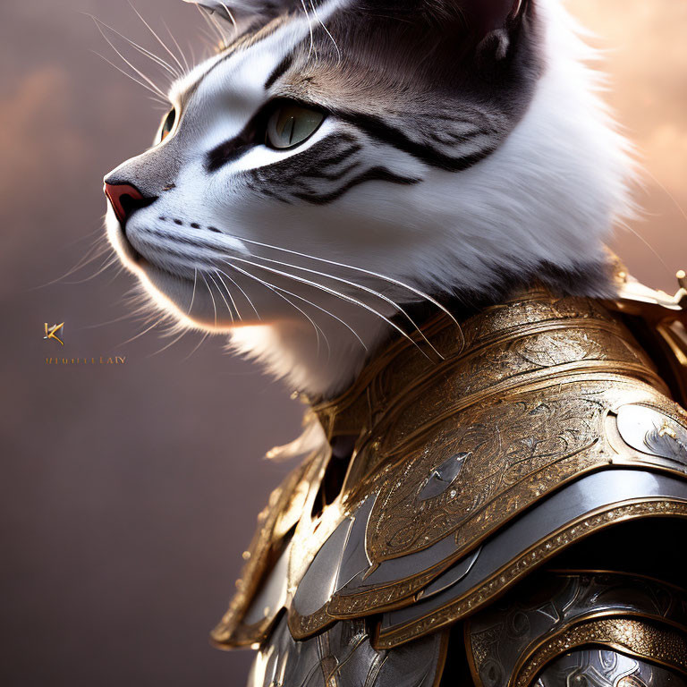 Profile of majestic cat in golden armor against soft-focus background