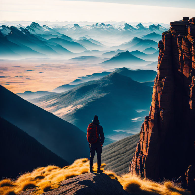 Hiker on Rocky Peak Overlooking Golden Mountain Ridges