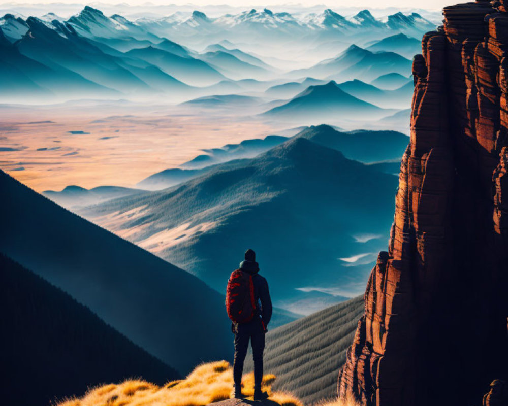 Hiker on Rocky Peak Overlooking Golden Mountain Ridges