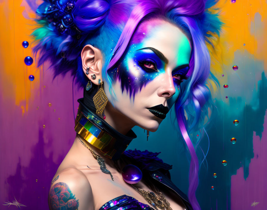 Colorful portrait of woman with blue and purple hair, tattoos, and futuristic choker on abstract backdrop