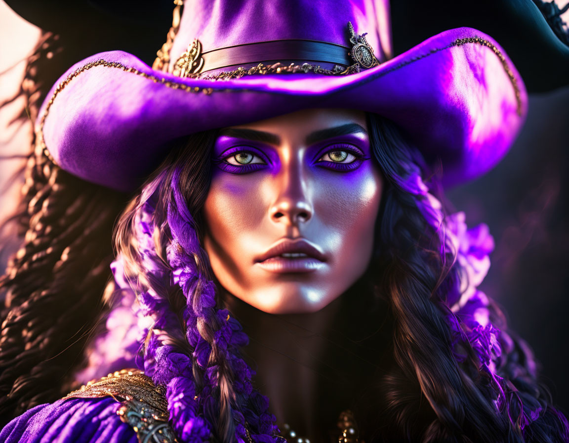 Portrait of Woman with Striking Purple Eyes and Elaborate Hat