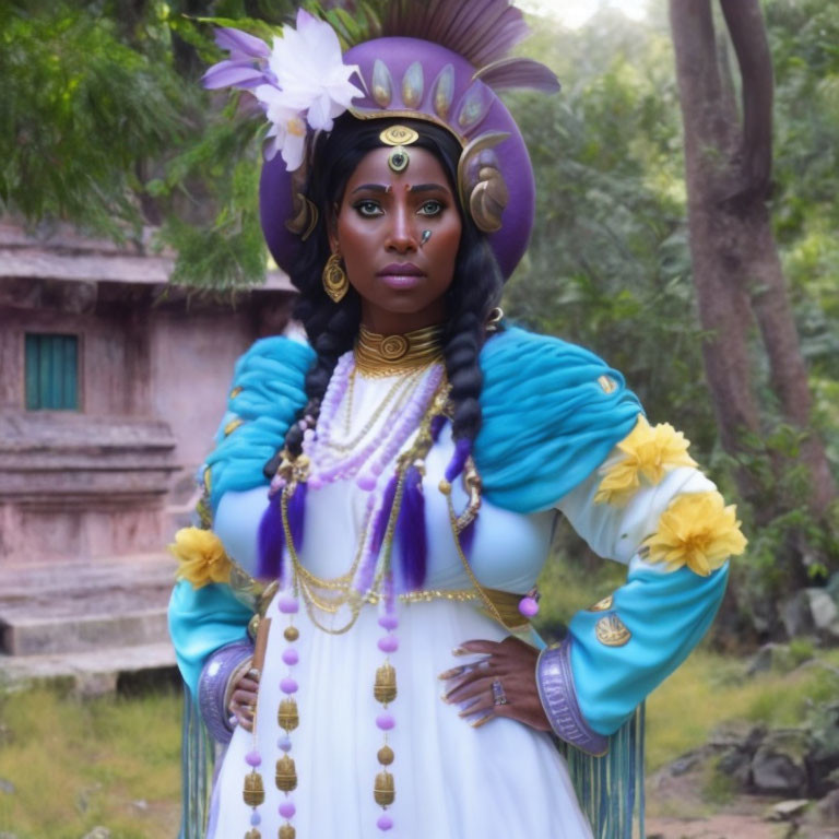 Elaborate fantasy cosplay woman with feathered headdress in forest portrait