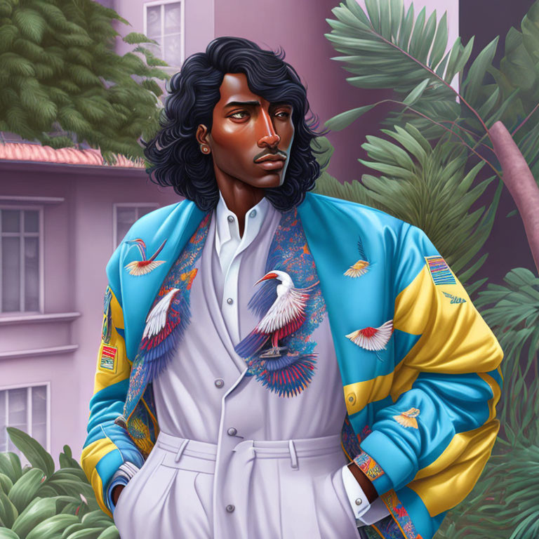 Curly Dark-Haired Man in Bird-Designed Jacket Among Tropical Foliage