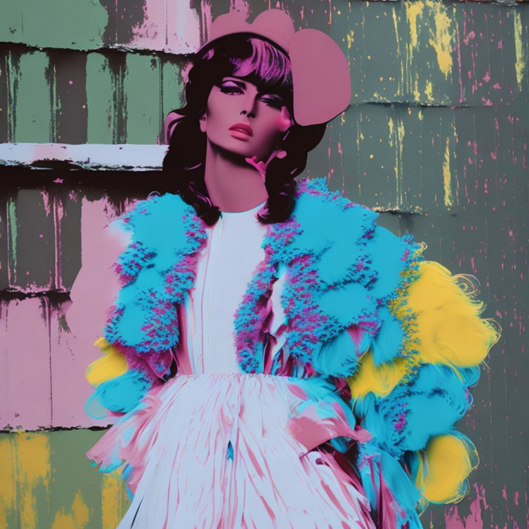 Stylized portrait of a woman in vibrant outfit against graffiti-style background