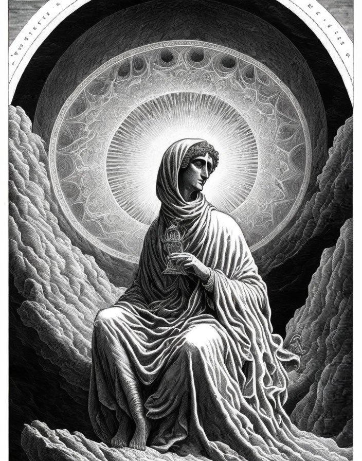 Monochromatic illustration of robed figure with chalice under radiant halo.