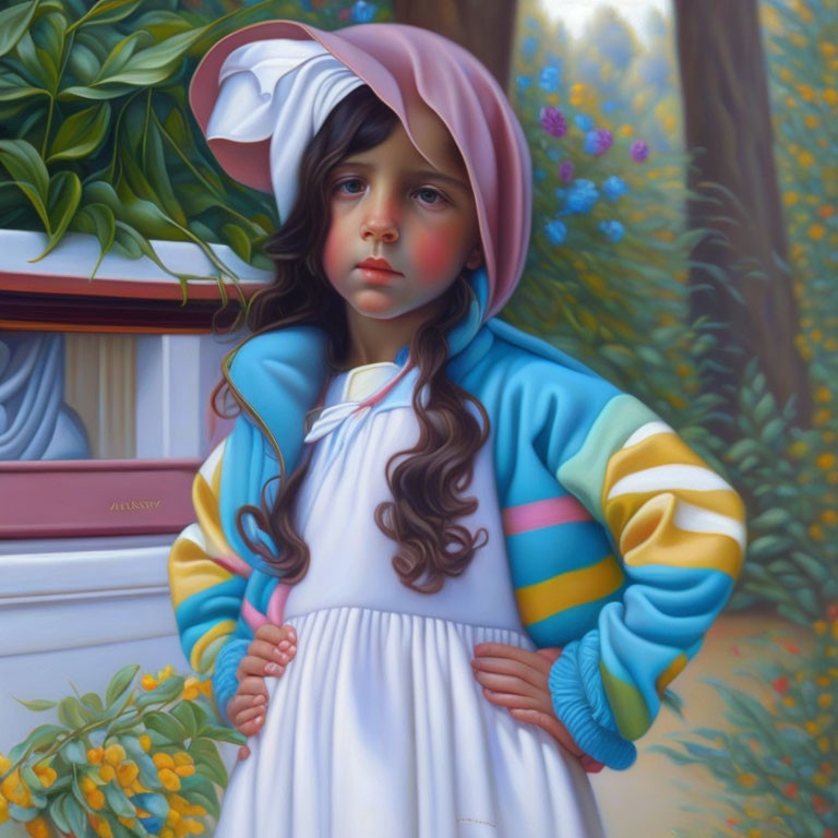 Young girl in vintage bonnet and colorful jacket before garden backdrop with detailed greenery and flowers.