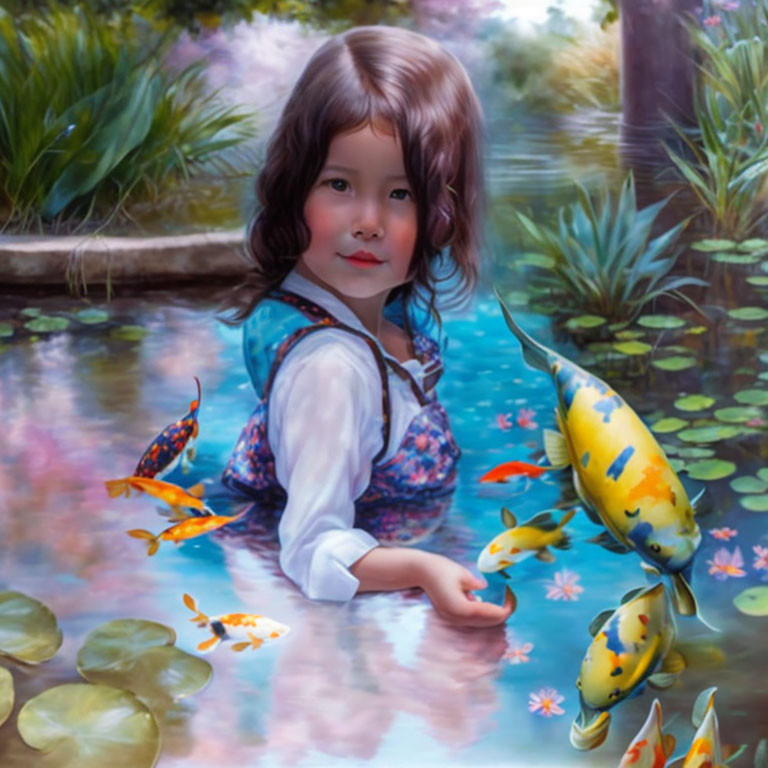 Young child with brown hair in pond with koi fish and lily pads - serene and dreamlike