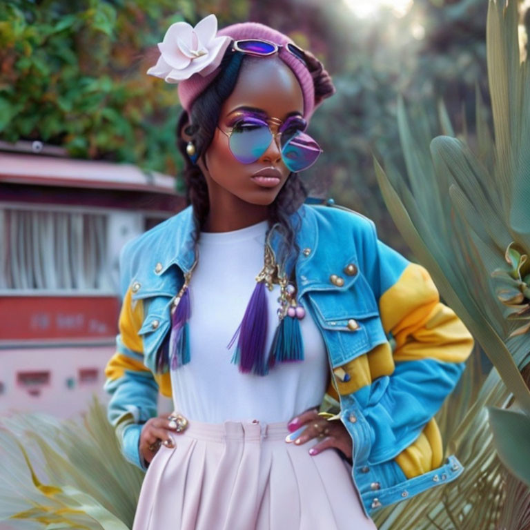 Woman in reflective sunglasses with white flower, denim jacket and skirt in greenery